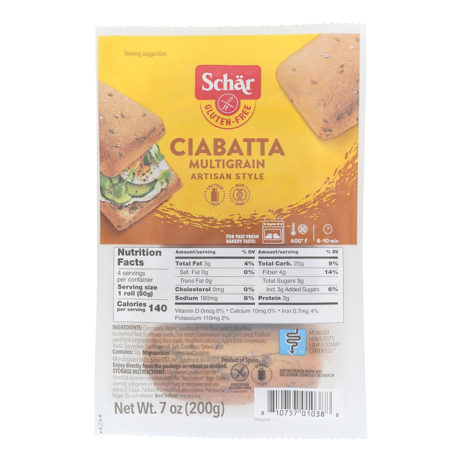 Schär Ciabatta Multigrain gluten-free bread rolls – 7 oz pack with whole grains and seeds.