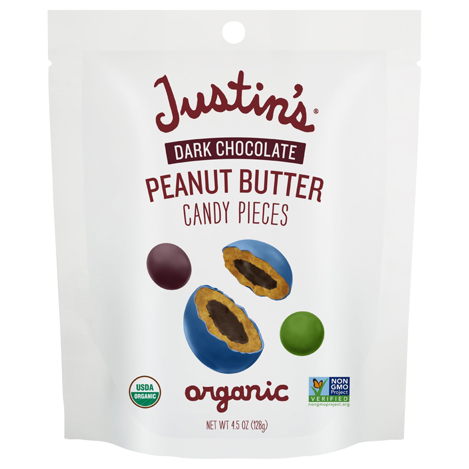 Justin's Dark Chocolate Organic Peanut Butter Pieces – 4.5 oz pouch with organic ingredients.