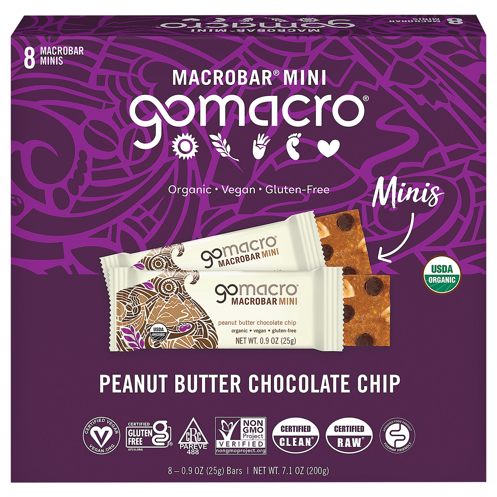 Gomacro Mini Peanut Butter Chocolate Chip Bars – Organic plant-based snack, 8-pack of GoMacro Macrobars.