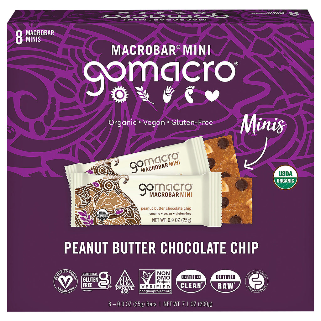 Gomacro Mini Peanut Butter Chocolate Chip Bars – Organic plant-based snack, 8-pack of GoMacro Macrobars.