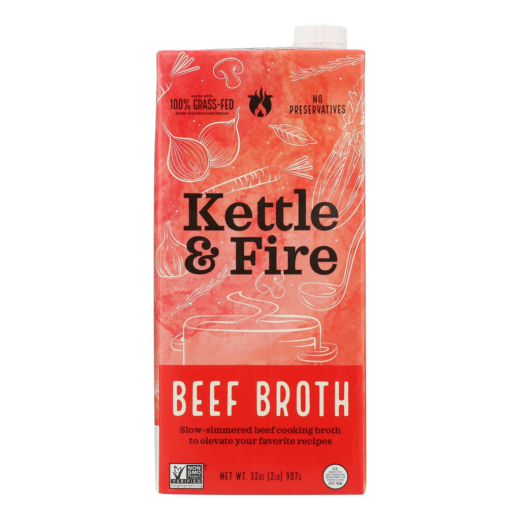 Kettle and Fire Beef Bone Broth 32 oz Carton – Pack of 8, Collagen-Rich Grass-Fed Broth