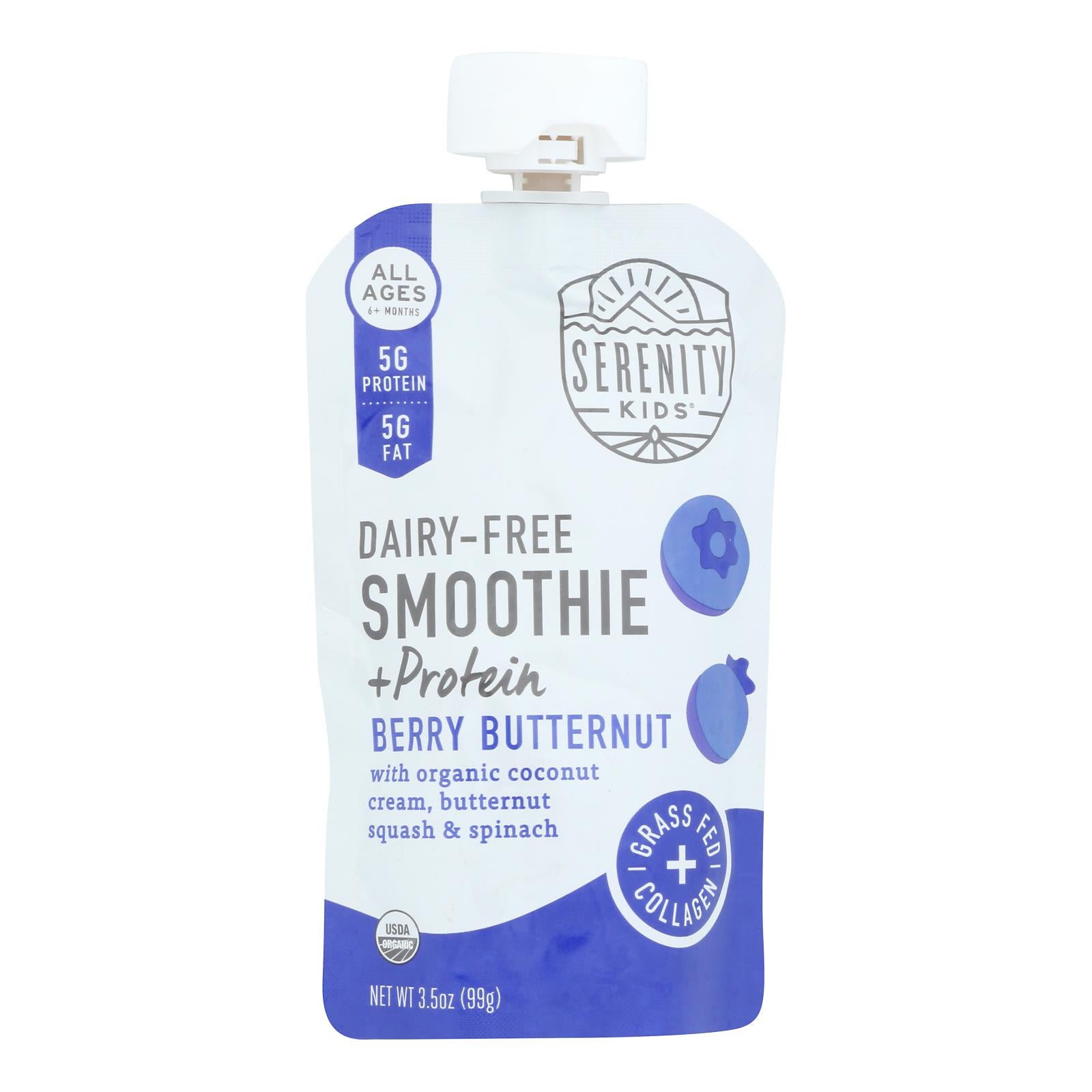 Serenity Kids Organic Berry Butternut Smoothie Pouch – 3.5 oz baby food, dairy-free, nutrient-rich.