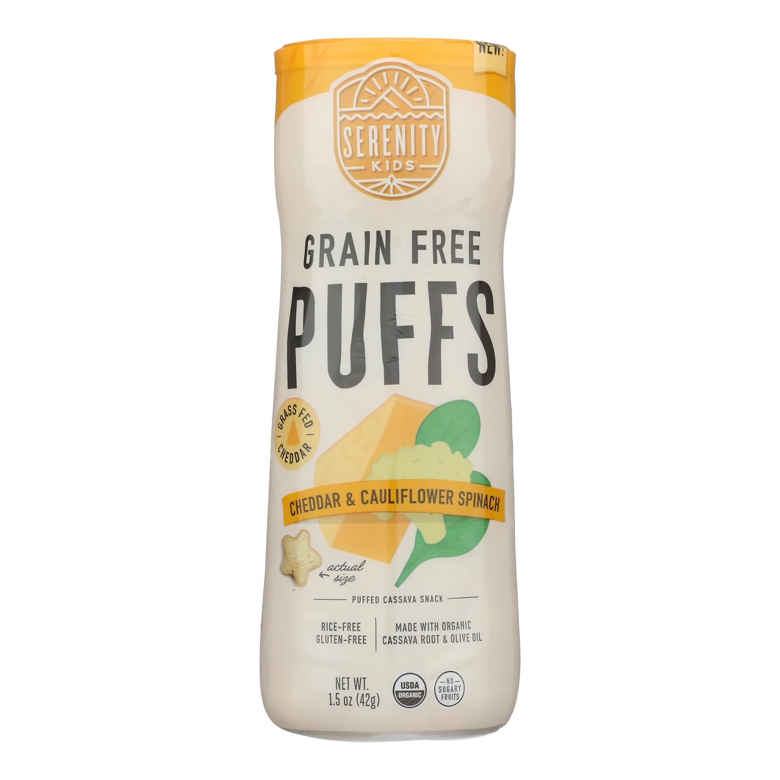 Serenity Kids Organic Puffs Cheddar Cauliflower & Spinach – 1.5 oz pouch (Case of 6)