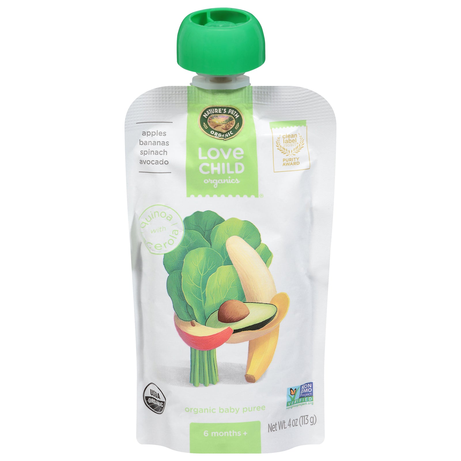 Love Child Organics Puree Apple Banana Spinach Avocado - 4 oz Pouch (Pack of 12)
