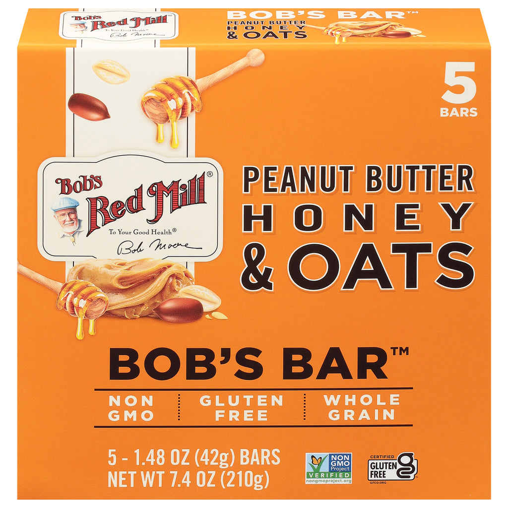 Bob's Red Mill Peanut Butter Honey Oat Bars – 7.4 oz gluten-free oatmeal snack bars, 6-count pack.