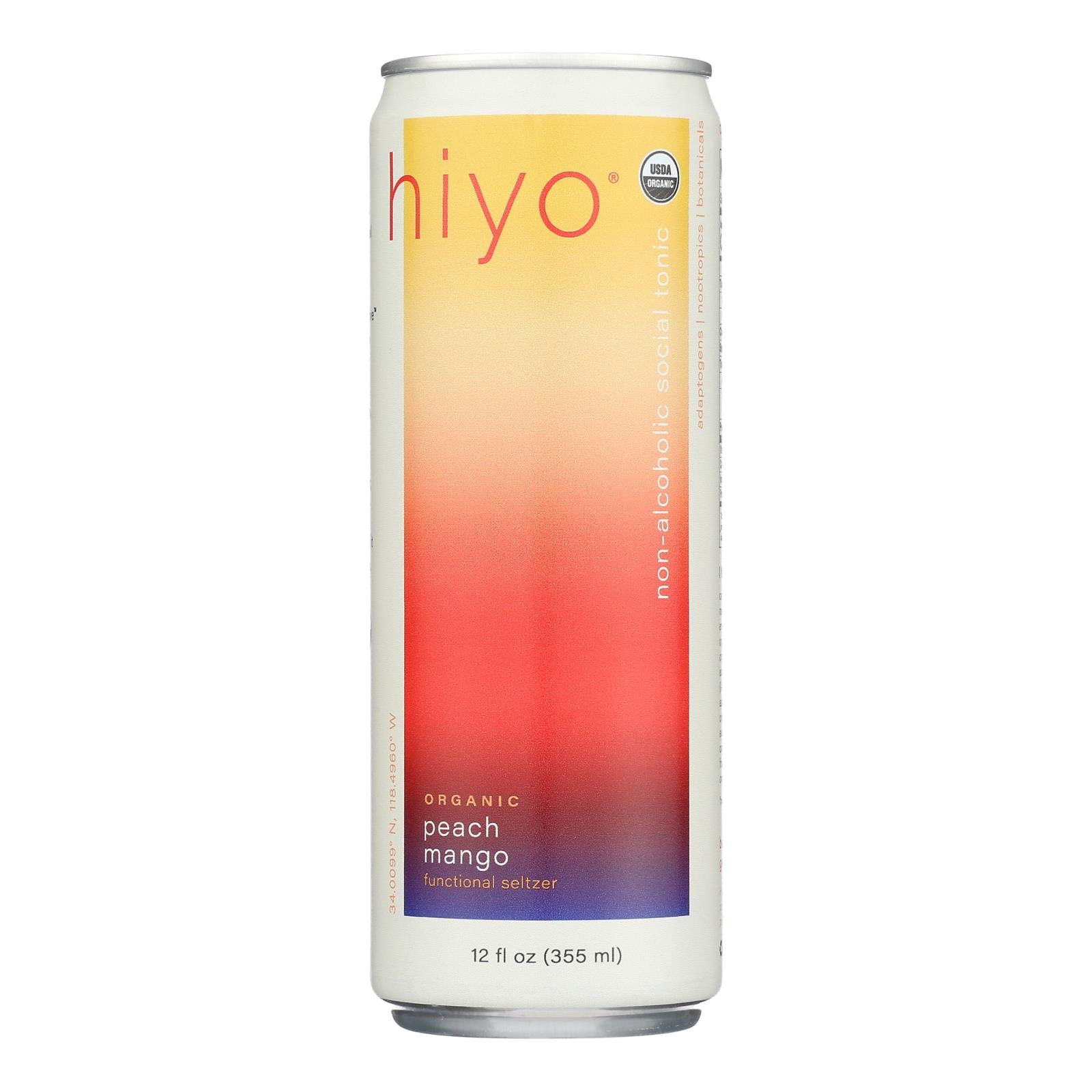 Hiyo Peach Mango Organic Seltzer – 12-pack of 12 oz non-alcoholic social tonic drinks with adaptogens and nootropics.