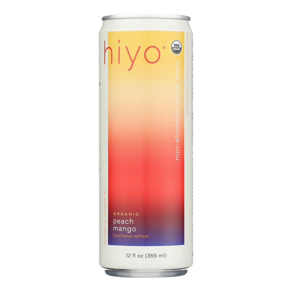 Hiyo Peach Mango Organic Seltzer – 12-pack of 12 oz non-alcoholic social tonic drinks with adaptogens and nootropics.
