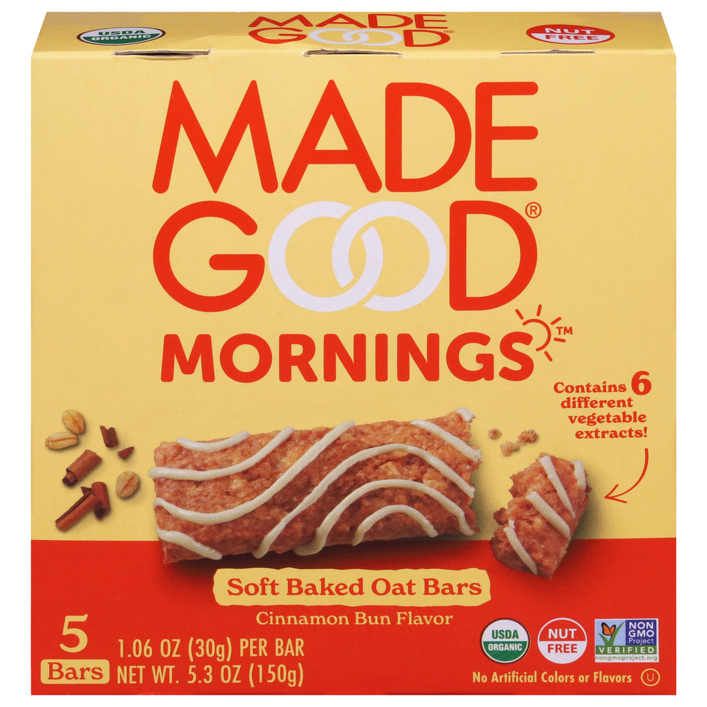 MadeGood Organic Cinnamon Bun Soft Baked Oat Bars – 5.3 oz box (Case of 6)