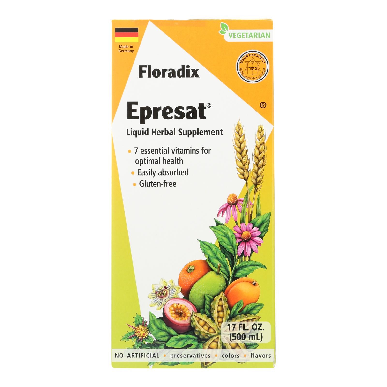 Floradix Epresat Adult Liquid Multivitamin – 17 fl oz bottle with essential vitamins for energy and immune health.
